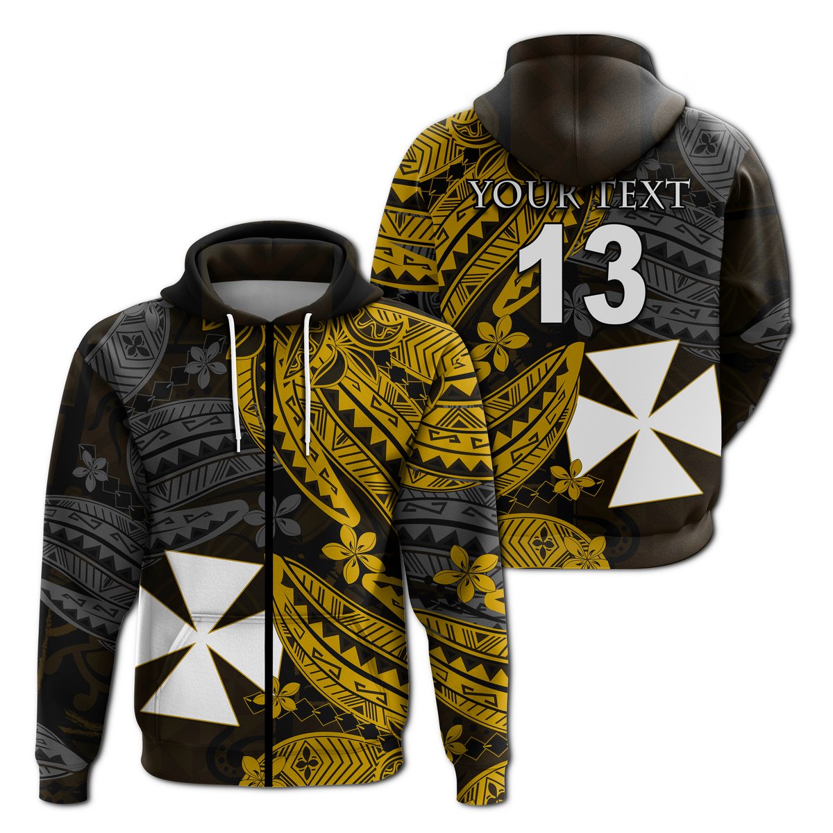 ( Text and Number) Wallis and Futuna Zip Hoodie Enjoy Polynesian Flowers Version Gold
