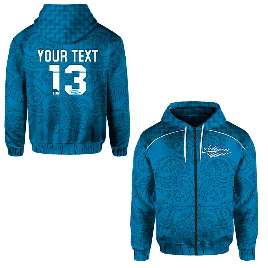 ( Personalised) Maori 2021 Zip Hoodie Turquoise Aotearoa Tattoo Text and Number