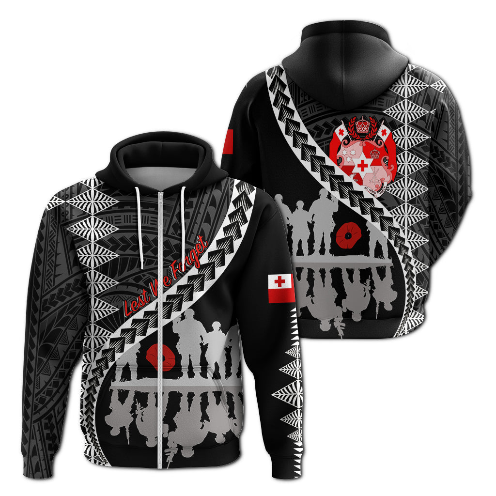 Tonga Anzac Day Black & White Zip Up Hoodie Lest We Forget