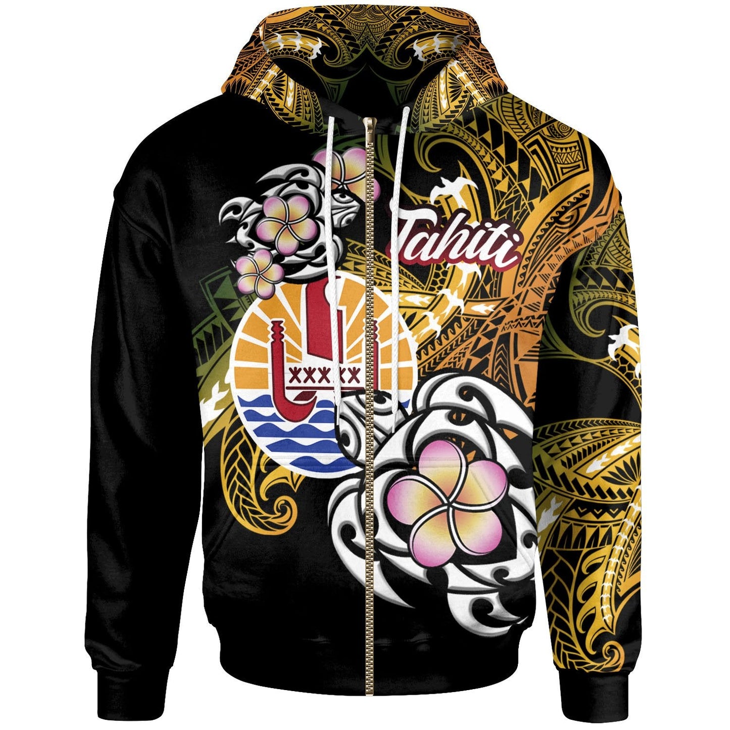 French Polynesia Tahiti Zip Hoodie Tahiti Of Seal Turtle With Plumeria