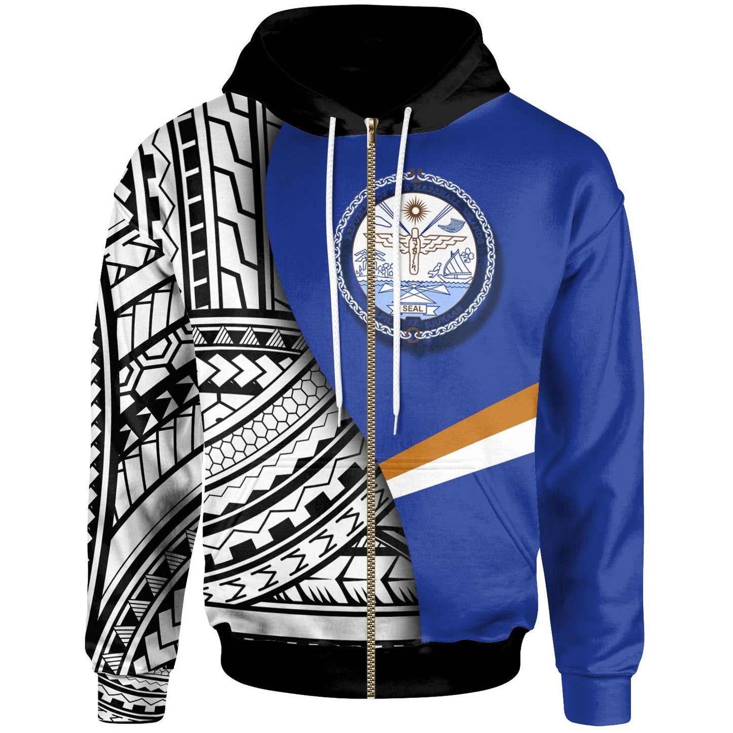 Marshall Islands Zip Up Hoodie Coat Of Arm and Polynesian Patterns