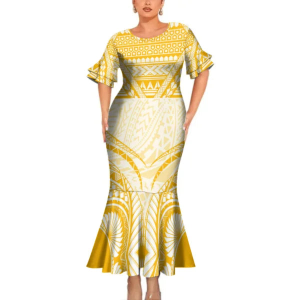 Tropical Pattern Polynesian Tribal Yellow Outfit For Couple Fishtail Skirt Dress And Hawaiian Shirt