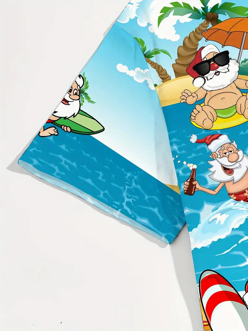 Tropical Christmas Santa Surfing & Beach Scene Print Hawaiian Shirt, Short Sleeve Button-Up Summer Shirt