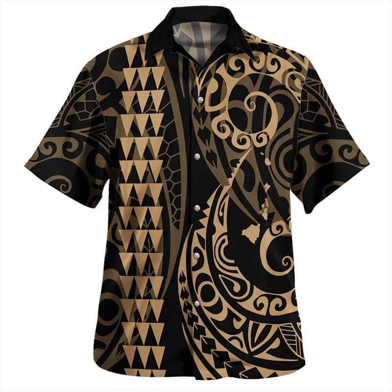 Brown Island Polynesian Tribal Pattern Printed Shirt Island Short Sleeves Summer Hawaiian Shirt