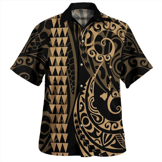 Brown Island Polynesian Tribal Pattern Printed Shirt Island Short Sleeves Summer Hawaiian Shirt