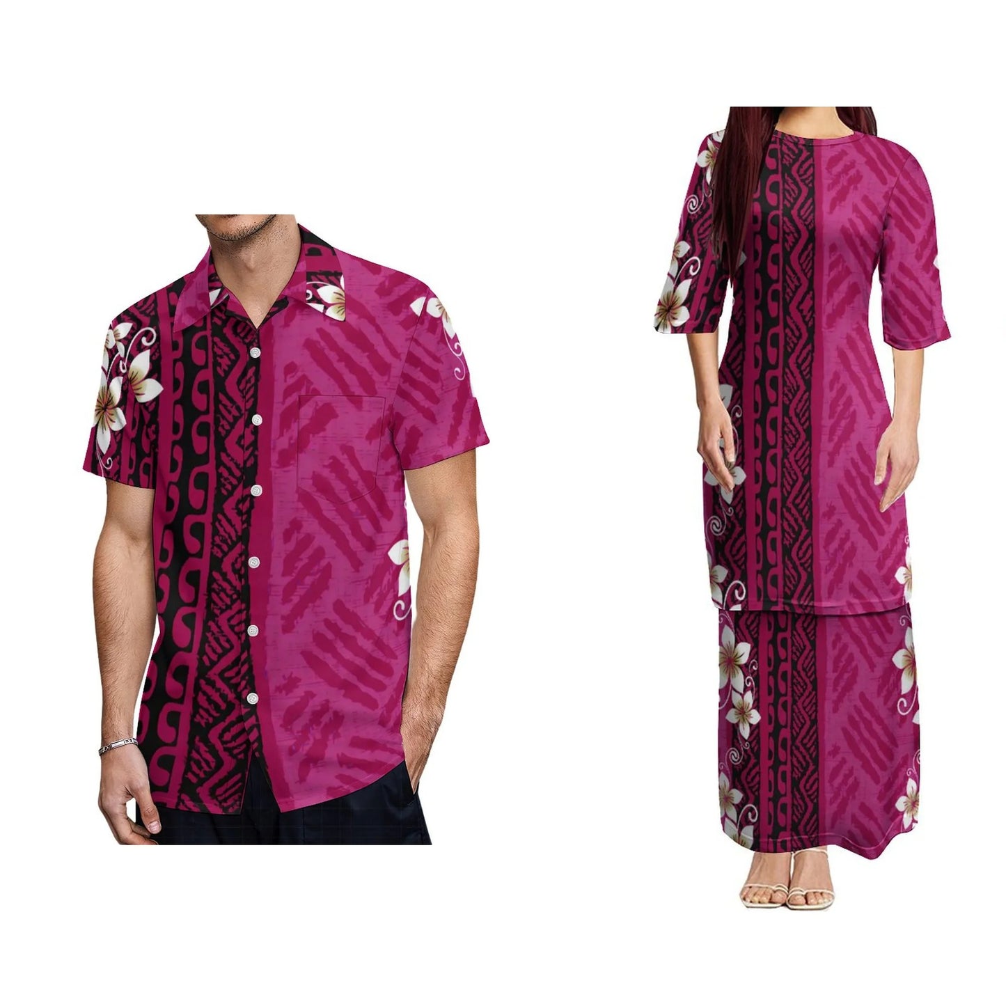 Polynesian Tribal Flowers Pattern Puletasi Dress And Hawaiian Shirt For Him Her Tropical Half Style Matching Outfit For Couple