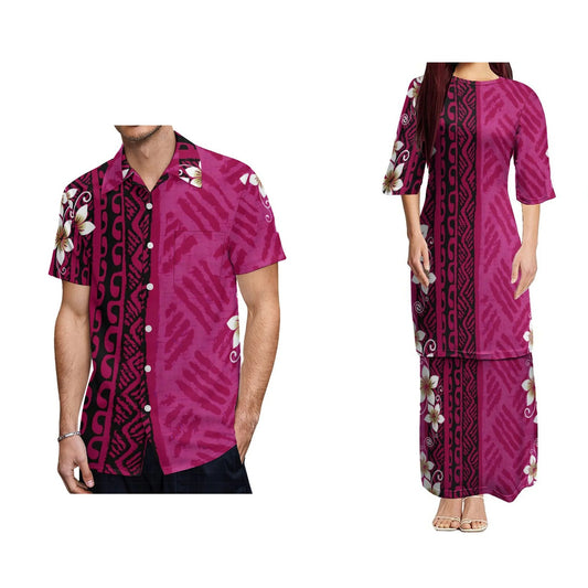 Polynesian Tribal Flowers Pattern Puletasi Dress And Hawaiian Shirt For Him Her Tropical Half Style Matching Outfit For Couple