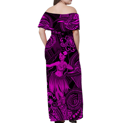 Hawaii Hula Girl Polynesian Off Shoulder Long Dress Unique Style Pink