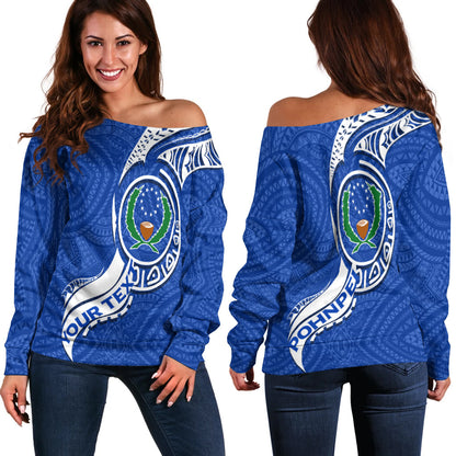 (Custom Personalised) Pohnpei Women Off Shoulder Sweater Micronesia Pride Blue