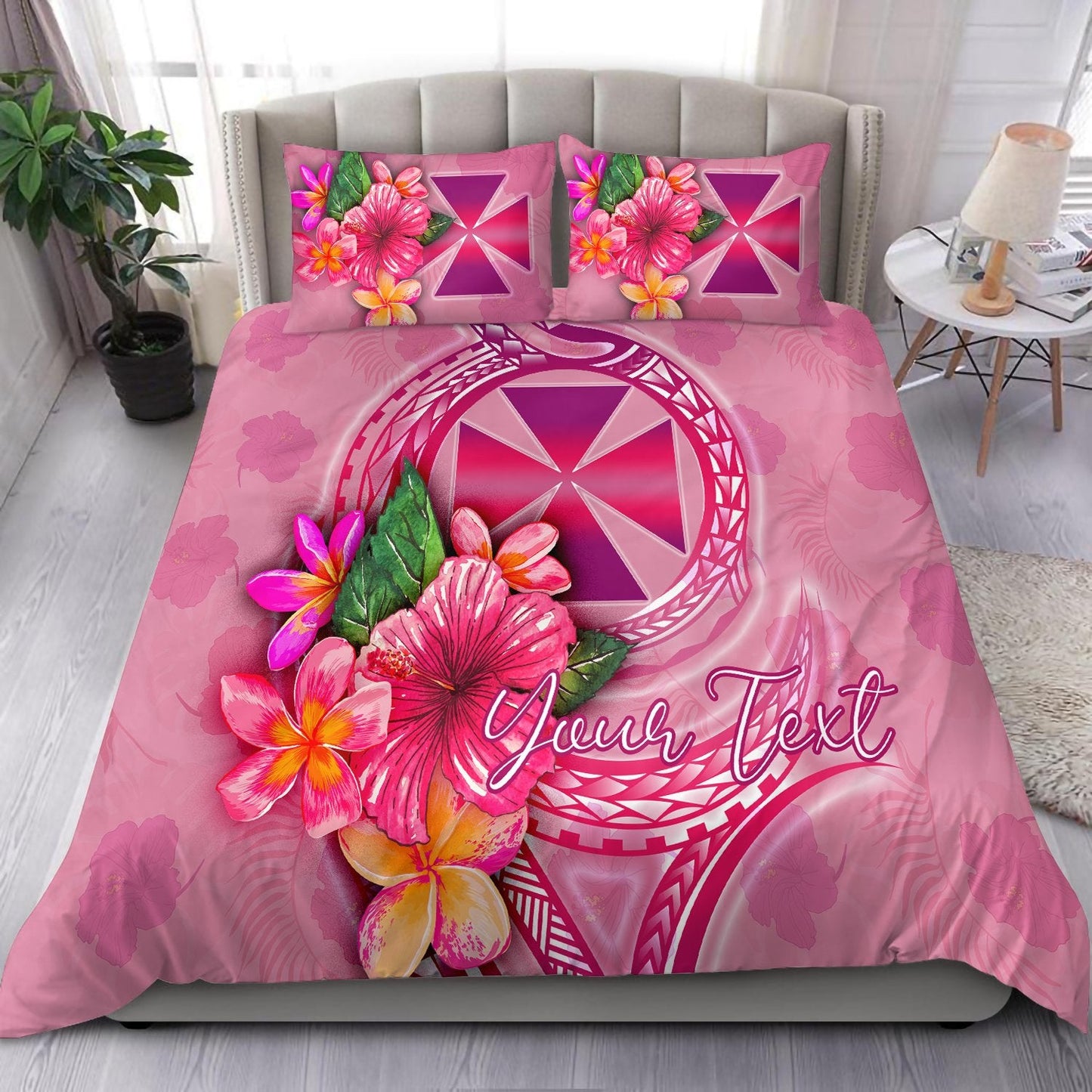 Wallis And Futuna Polynesian Custom Personalised Bedding Set Floral With Seal Pink