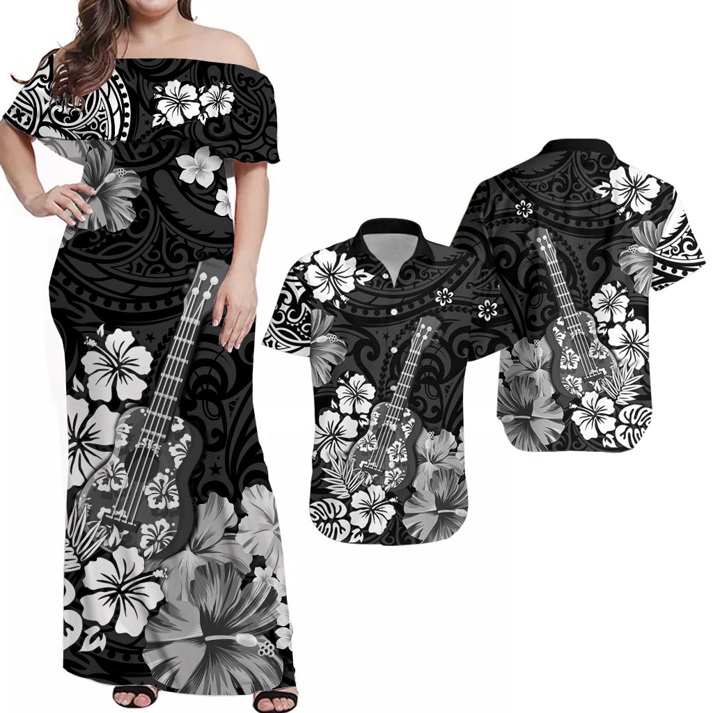 Hawaiian Matching Outfits For Couples Hawaii Combo Dress and Hawaiian Shirt Polynesia Black Ukulele Flowers