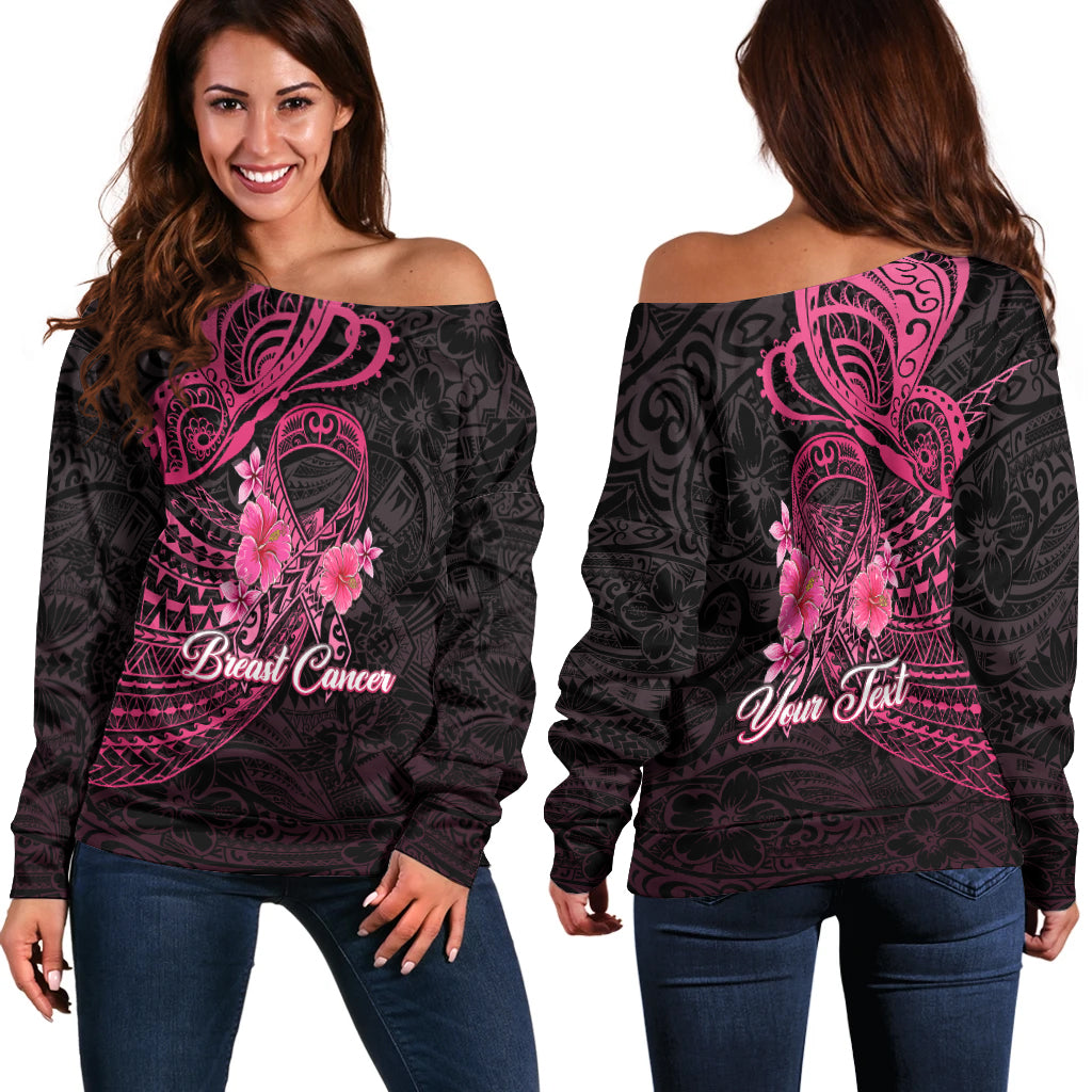 (Custom Personalised) Breast Cancer Pink Ribbon Butterfly Polynesian Black Version Women Off Shoulder Sweater