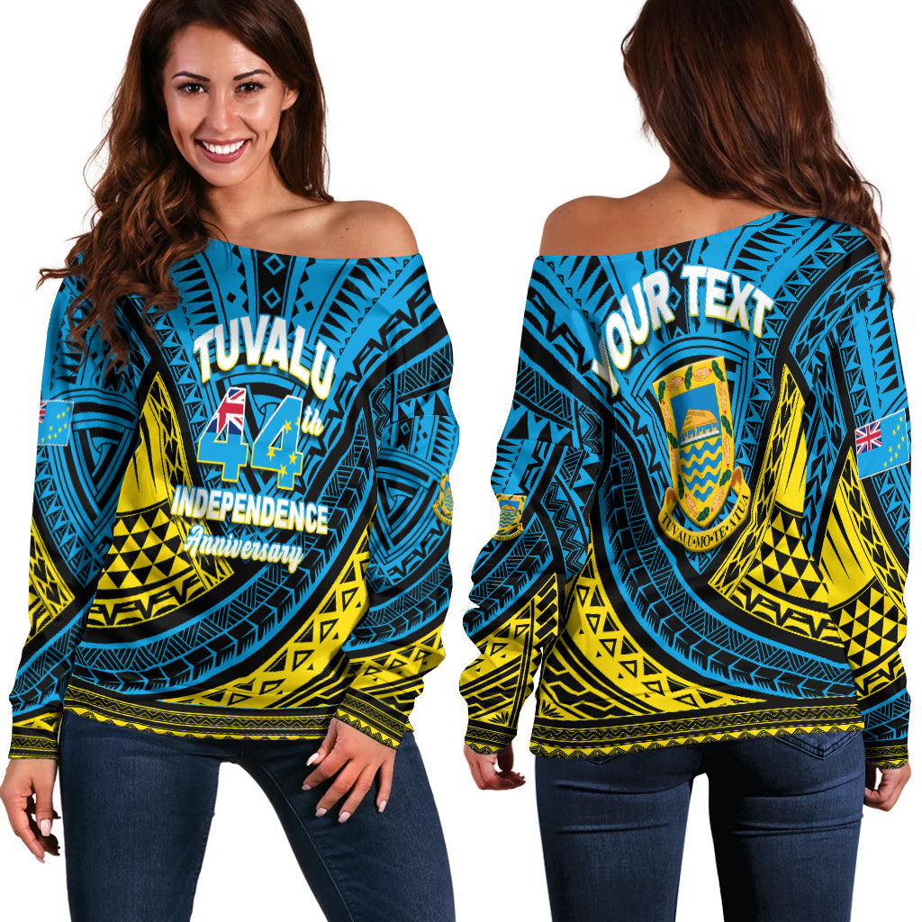 (Custom Personalised) Tuvalu Women Off Shoulder Sweater 44th Independence Anniversary Tribal Pattern