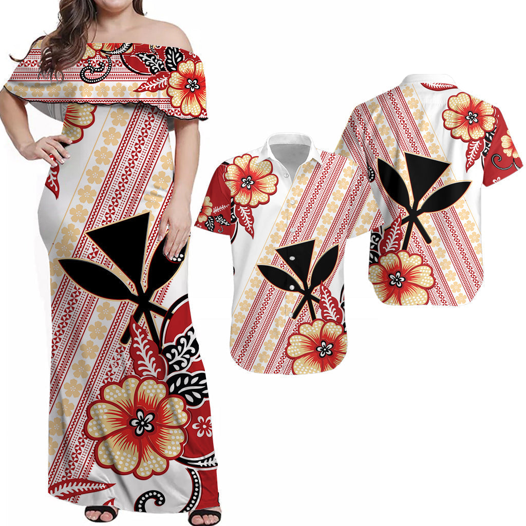 Matching Hawaiian Outfits For Couples Hawaii Combo Dress and Hawaiian Shirt Kakau Tribal Red Batik Floral Ver.02