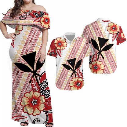 Matching Hawaiian Outfits For Couples Hawaii Combo Dress and Hawaiian Shirt Kakau Tribal Red Batik Floral Ver.02