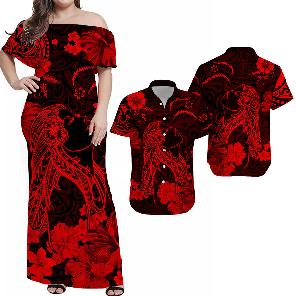 Polynesian Couple Outfits Hawaii Combo Dress and Hawaiian Shirt Polynesia Red Beautiful Hula Girl