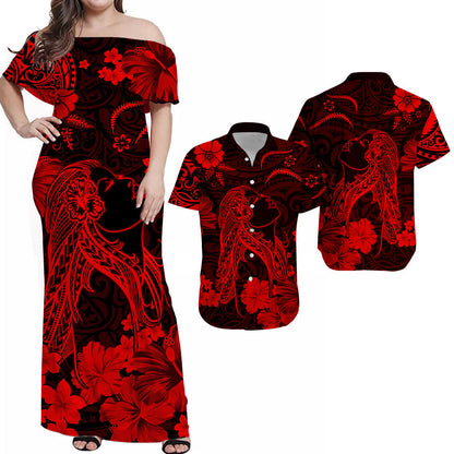 Polynesian Couple Outfits Hawaii Combo Dress and Hawaiian Shirt Polynesia Red Beautiful Hula Girl