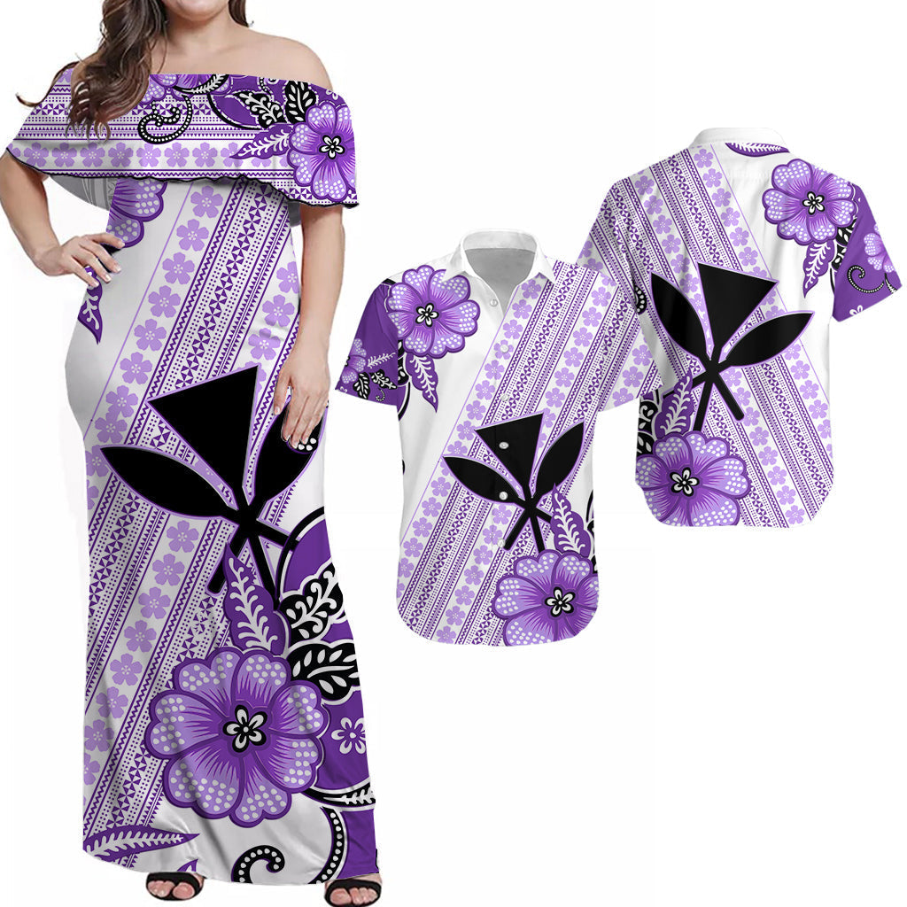 Polynesian Couple Outfits Hawaii Combo Dress and Hawaiian Shirt Kakau Tribal Purple Batik Floral Ver.02