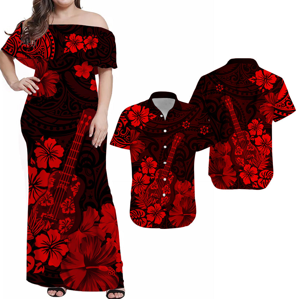 His And Her Matching Outfits Hawaii Combo Dress and Hawaiian Shirt Polynesia Red Ukulele Flowers