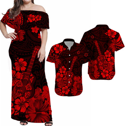 His And Her Matching Outfits Hawaii Combo Dress and Hawaiian Shirt Polynesia Red Ukulele Flowers