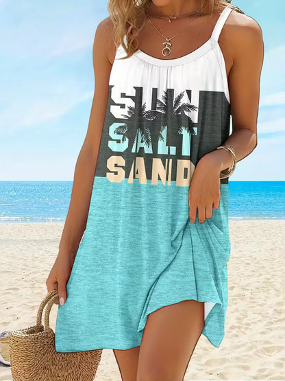 Sun Salt Sand Beach Print Round Neck High Stretch Cami Dress Tropical Beach Spaghetti Strap Dress, Women's Clothing