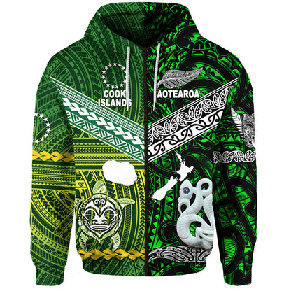 New Zealand Maori Aotearoa Zip Hoodie Cook Islands Together Green