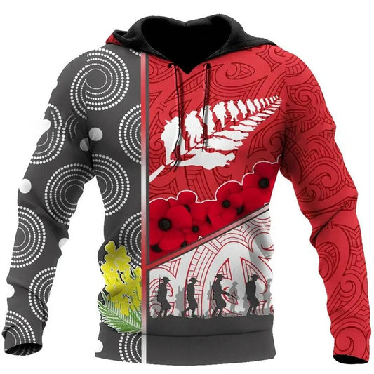 New Zealand Poppy Flower Hoodie Silver Fern Soldier Pattern Zip Up Hoodie All Over Print