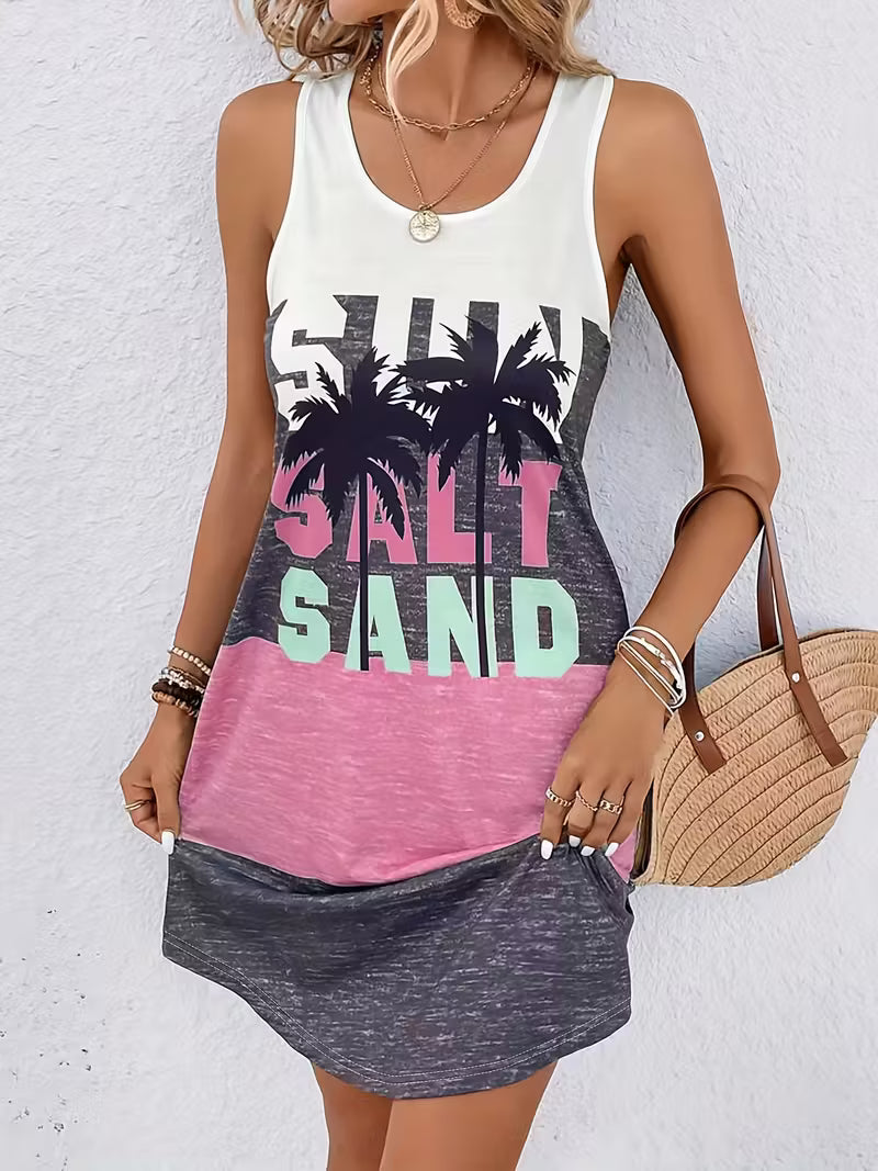 Sun Salt Sand Round Neck High Stretch Dress Tropical Tank Dress Beach Women's Clothing