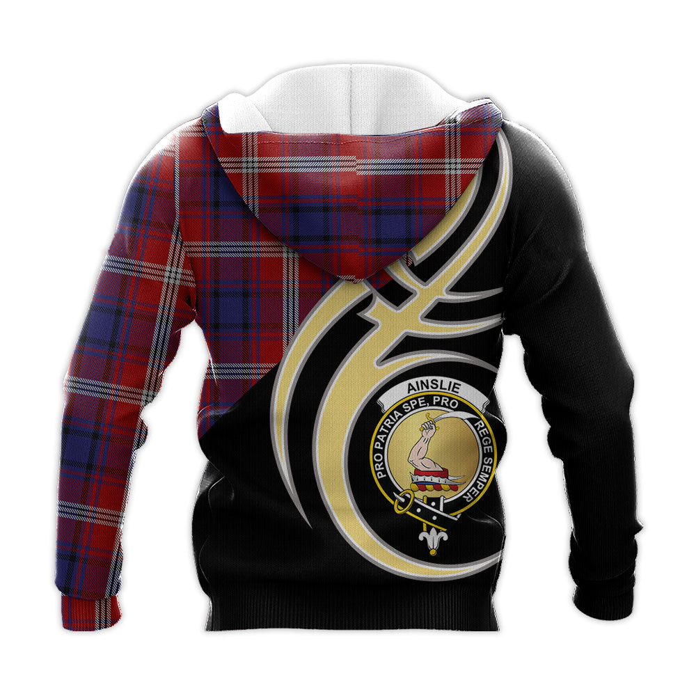 Printivon Ainslie Clan Believe In Me Crest Tartan Knitted Hoodie Custom Your Text