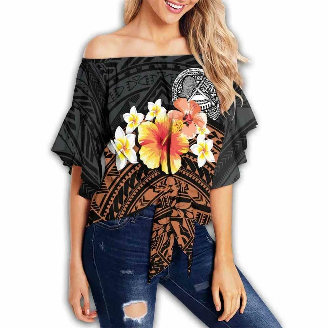 American Samoa Off Shoulder Wrap Waist Top - Tribal Pattern Hibiscus