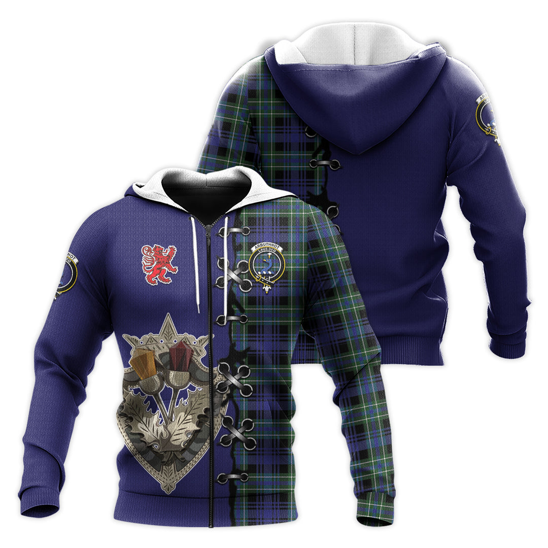 Printivon Arbuthnot Modern Tartan Hoodie Lion Rampant And Celtic Thistle Style