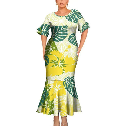 Polynesian Tribal Flowers Pattern Tropical Couples Matching Outfit Fishtail Skirt Dress And Shirt For Her Him