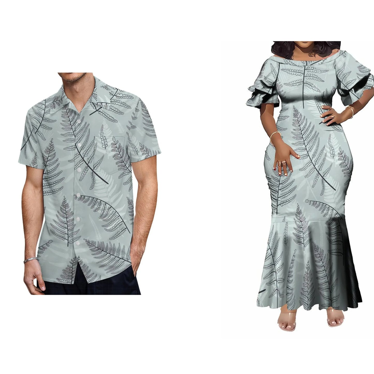 Pacific Island Fishtail Skirt Dress And Shirt Vintage Polynesian Tribal Leaf Matching Outfit For Couple