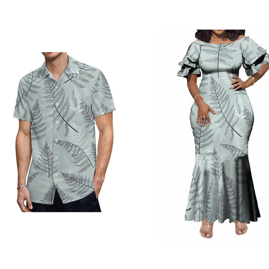 Pacific Island Fishtail Skirt Dress And Shirt Vintage Polynesian Tribal Leaf Matching Outfit For Couple