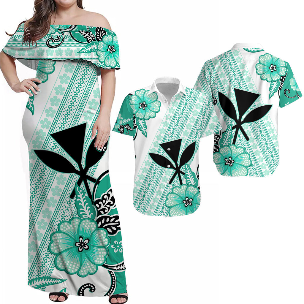 Hawaiian Matching Outfits For Couples Hawaii Combo Dress and Hawaiian Shirt Kakau Tribal Turquoise Batik Floral Ver.02