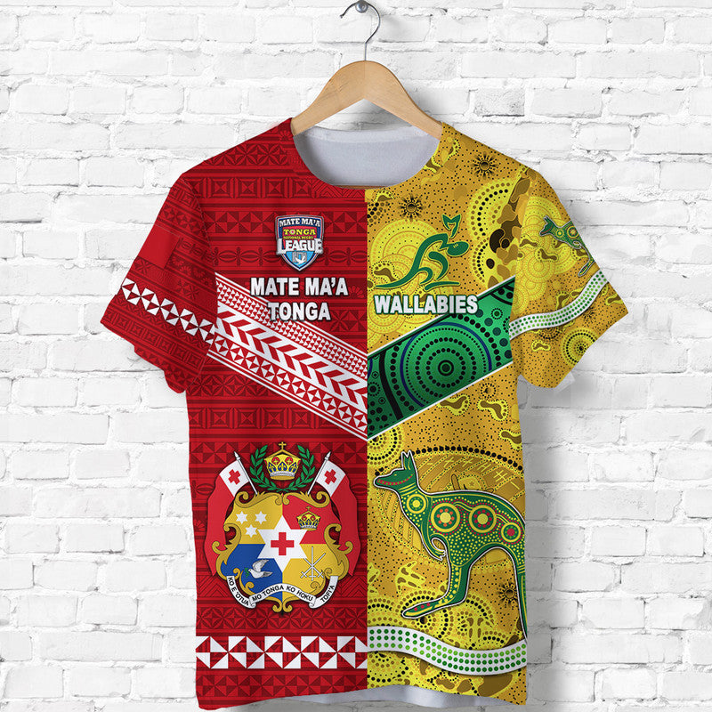Mate Ma'A Tonga Ngatu And Australia Wallabies Aboriginal T Shirt Rugby Together