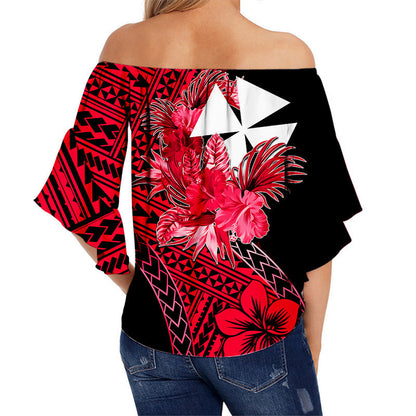 Wallis and Futuna Off Shoulder Waist Wrap Top Hibiscus Red No.2 Color