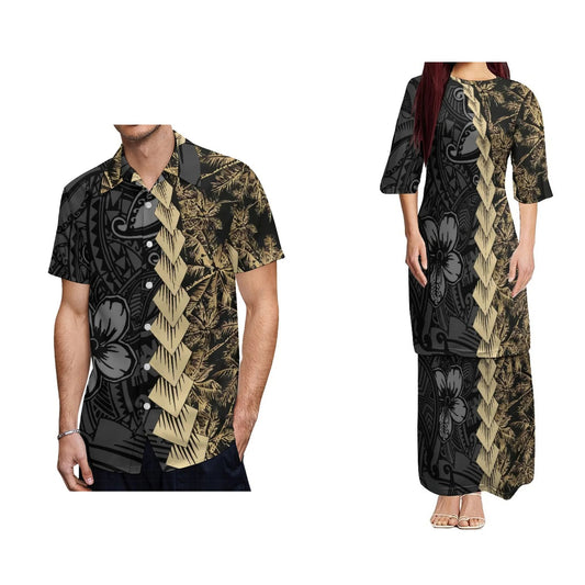 Polynesian Tribal Flowers Pattern Printed Puletasi Dress And Hawaiian Shirt For Him Her Tropical Matching Outfit For Couple