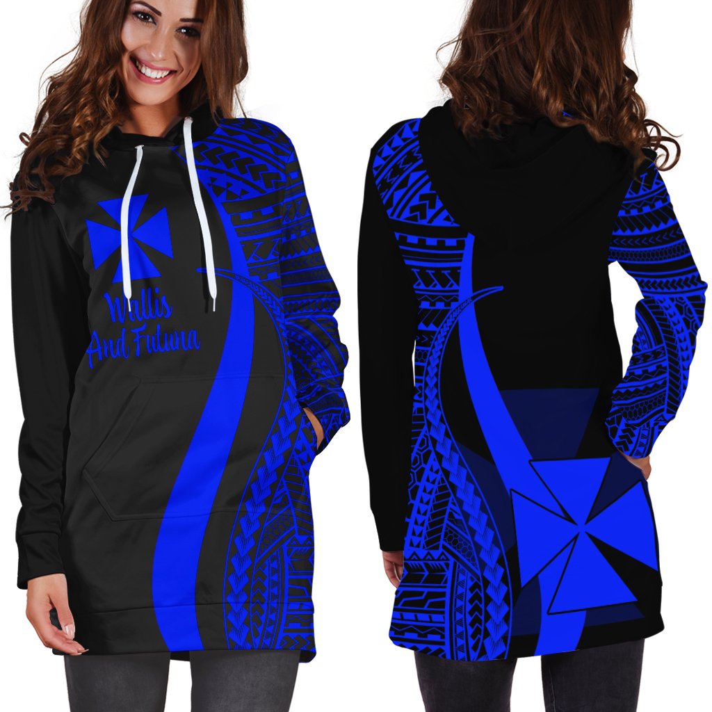 Wallis And Futuna Women's Hoodie Dress Blue Polynesian Tentacle Tribal Pattern