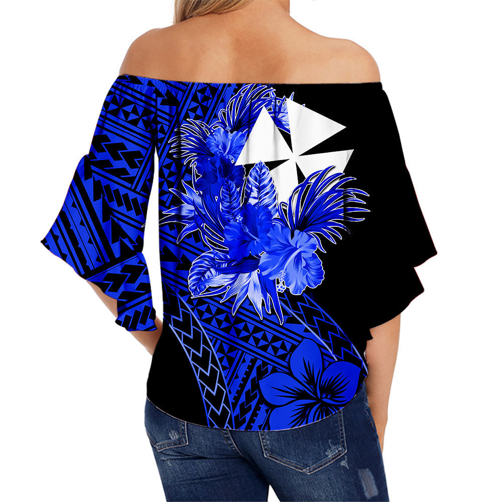 Wallis and Futuna Off Shoulder Waist Wrap Top Hibiscus Blue No.2 Color