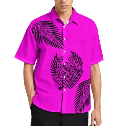 Pink Tropical Polynesian Traditional Tribal Couple Set Puletasi Dress Two-Piece Suit With Men's Shirt Blue Matching Outfit For Couple