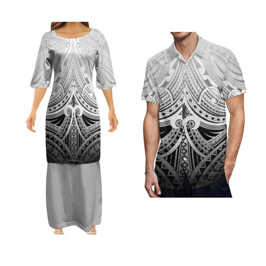 Polynesian Tribal Pattern Printed Matching Outfit Couple Set Women's Dress Men's Shirt