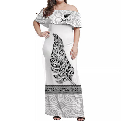 Custom Personalised New Zealand Off Shoulder Long Dress Maori Pattern Silver Fern White