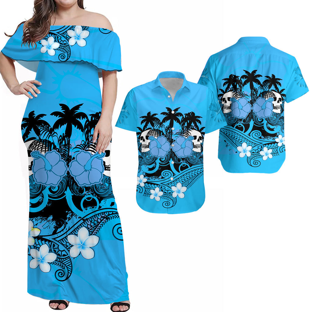 Hawaiian Matching Outfits For Couples Hawaii Skull Combo Dress and Hawaiian Shirt Mysterious Polynesia and Blue Flowers