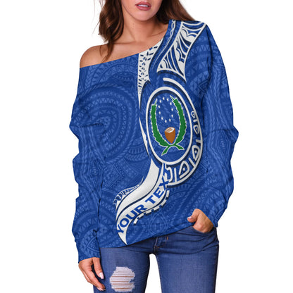 (Custom Personalised) Pohnpei Women Off Shoulder Sweater Micronesia Pride Blue