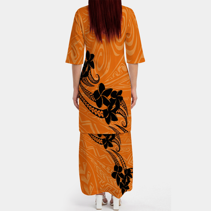 Plumeria Pattern Orange Pattern Women's Puletasi Dress Men's Shirt Polynesian Matching Outfit
