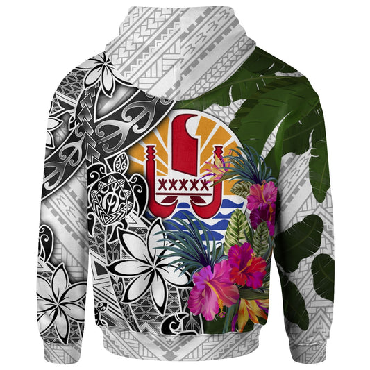 Tahiti Hoodie White Turtle Plumeria Banana Leaf