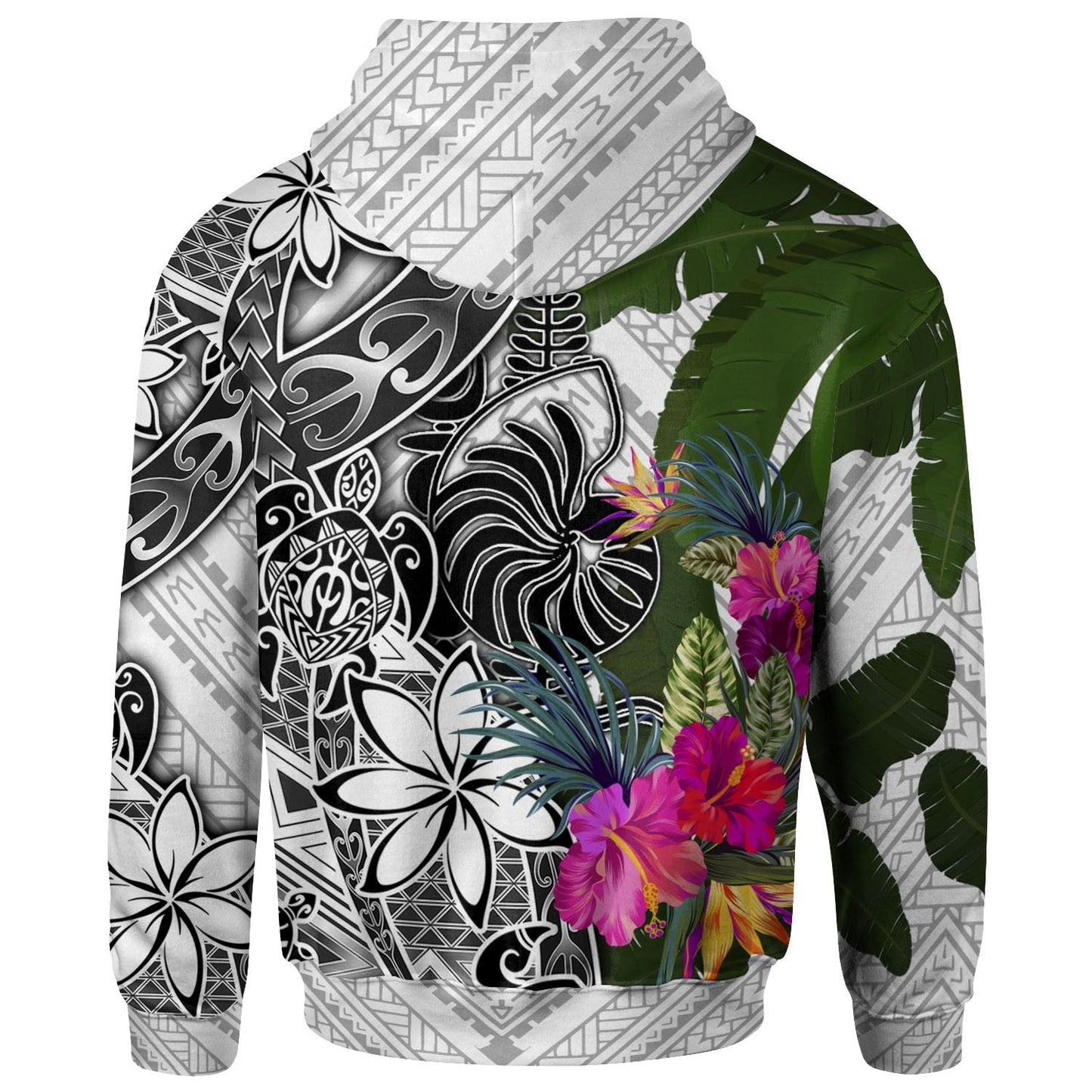 New Caledonia Zip Up Hoodie White Turtle Plumeria Banana Leaf