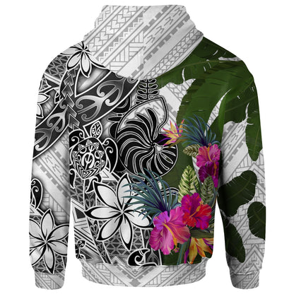New Caledonia Zip Up Hoodie White Turtle Plumeria Banana Leaf