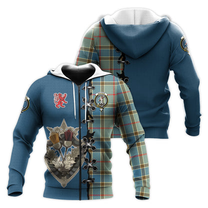 Printivon Balfour Blue Tartan Hoodie Lion Rampant And Celtic Thistle Style